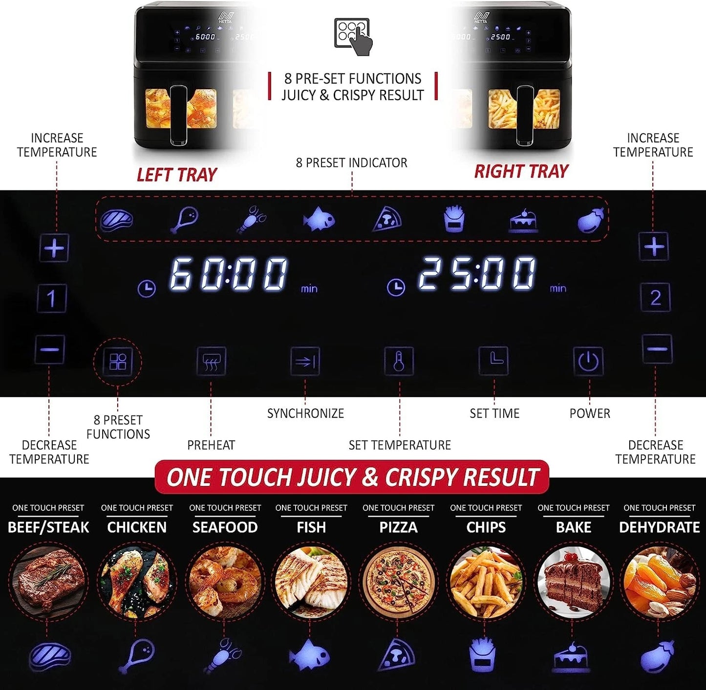 Large Air Fryer NETTA 8L Dual Basket Low Energy with Digital Smart Programmes