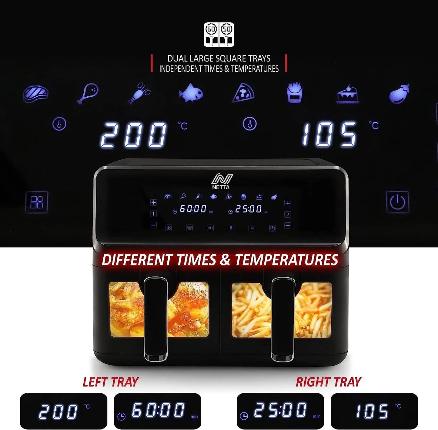 Large Air Fryer NETTA  8L Dual Basket Low Energy with Digital Smart Programmes