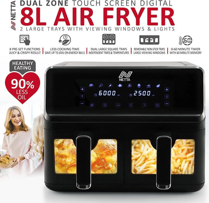 Large Air Fryer NETTA  8L Dual Basket Low Energy with Digital Smart Programmes