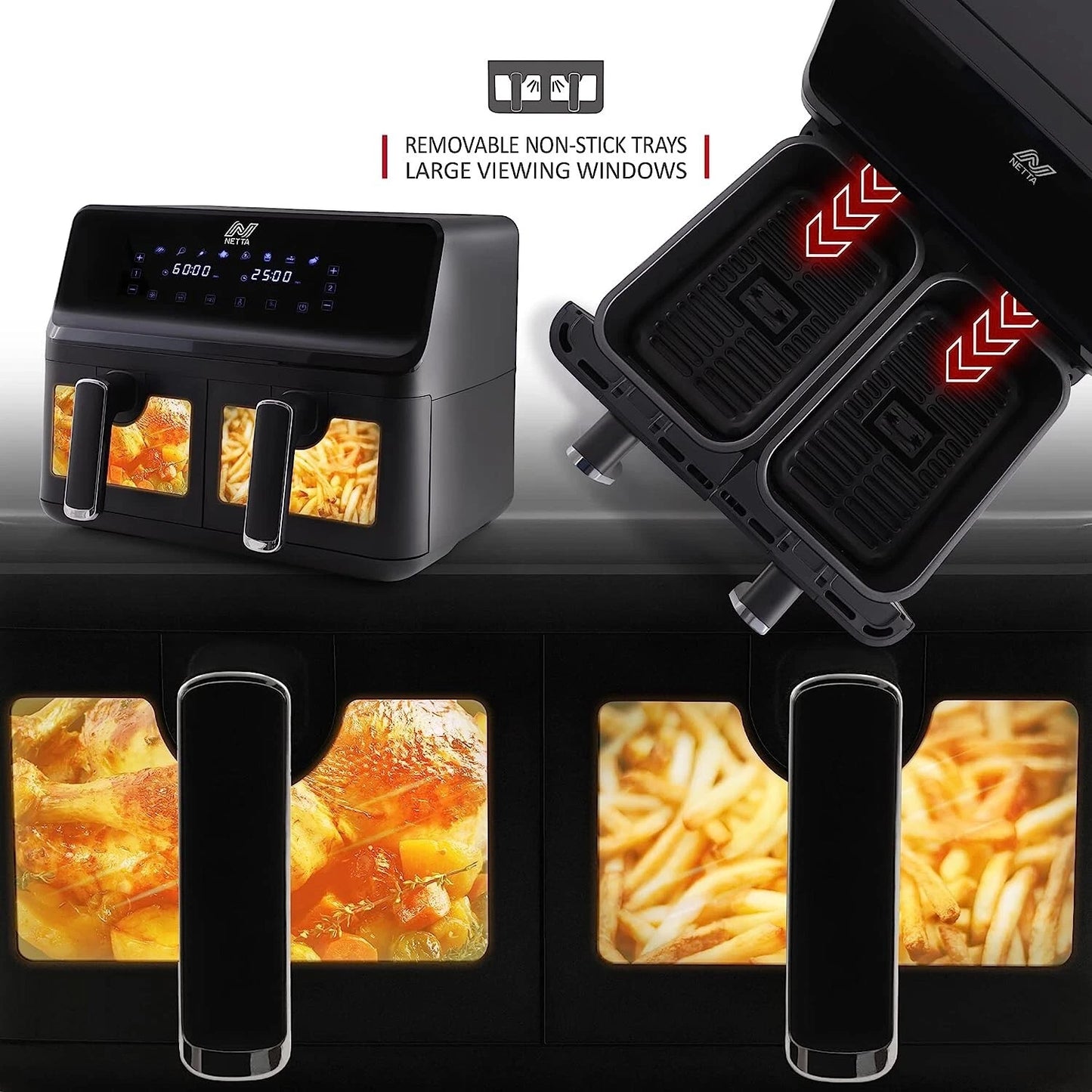 Large Air Fryer NETTA  8L Dual Basket Low Energy with Digital Smart Programmes